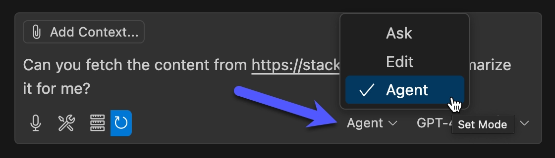 VS Code Copilot agent mode selection